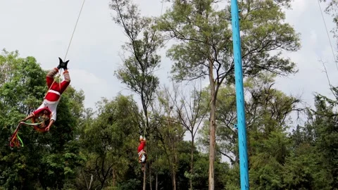 Papantla flyers moving upside down, as dictated by Totonac tradition Stock Footage 157757448