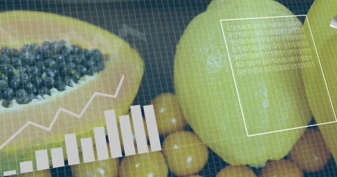 Papaya and lemons with data charts and binary code overlay animation 動画素材 305205322