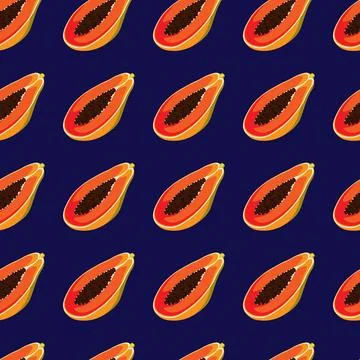 Papaya flat seamless pattern on blue background. Stock Illustration