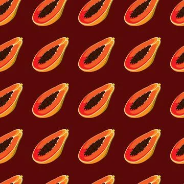 Papaya flat seamless pattern on brown background. Stock Illustration