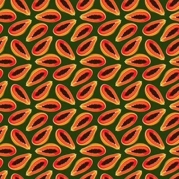 Papaya flat seamless pattern on green background. Stock Illustration
