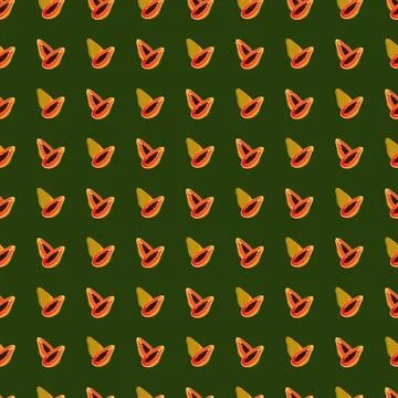 Papaya flat seamless pattern on green background. Stock Illustration