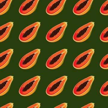 Papaya flat seamless pattern on green background. Stock Illustration
