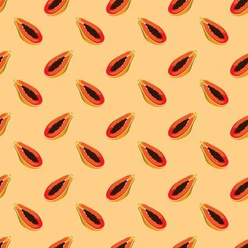 Papaya flat seamless pattern on orange background. Stock Illustration