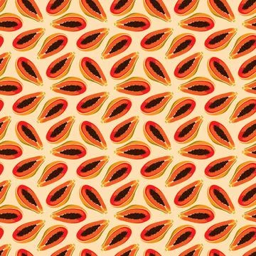 Papaya flat seamless pattern on orange background. Illustrazione stock