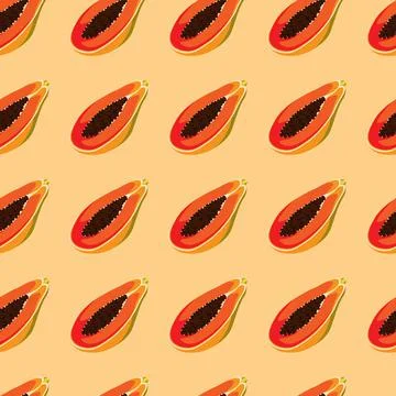 Papaya flat seamless pattern on orange background. Stock Illustration