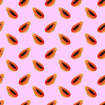 Papaya flat seamless pattern on pink background. Stock Illustration