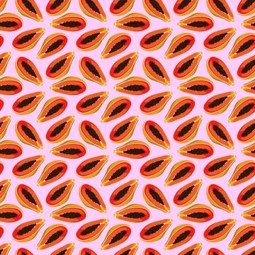 Papaya flat seamless pattern on pink background. Stock Illustration
