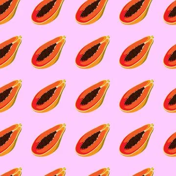 Papaya flat seamless pattern on pink background. Stock Illustration
