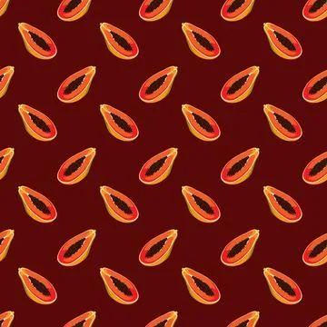 Papaya flat seamless pattern on red background. Stock Illustration