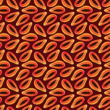 Papaya flat seamless pattern on red background. Stock Illustration