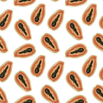 Papaya fruit pattern. Seamless summer tropical background. 스톡 일러스트