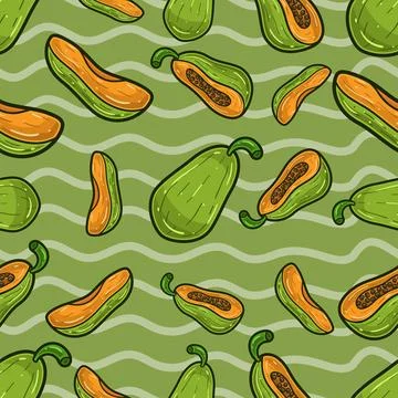 Papaya Fruit Seamless Pattern in Cartoon Style. Perfect For Background, Bac.. Stock Illustration