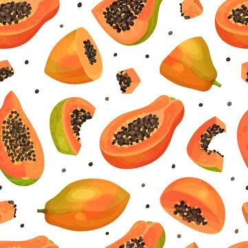 Papaya Fruit Seamless Pattern with Cut Section with Seeds and Orange Pulp Vector イラスト素材