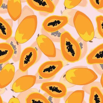 Papaya fruit seamless vector pattern on pastel pink background Stock Illustration