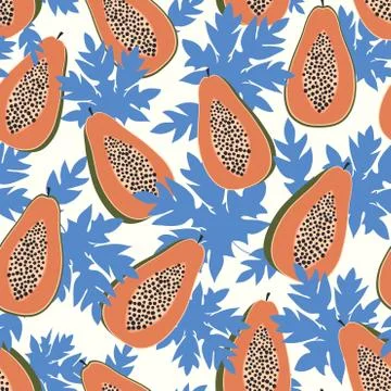 Papaya fruits and leaves seamless pattern with white background. Tropical fuits Stock Illustration