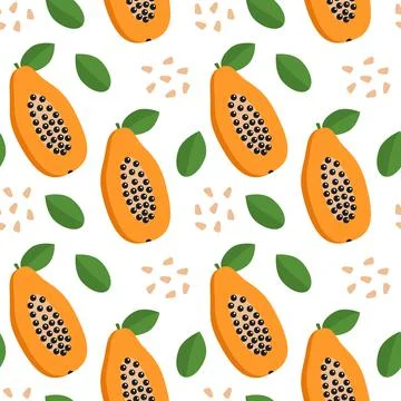 Papaya with leaves and decorative elements. Seamless pattern Stock Illustration