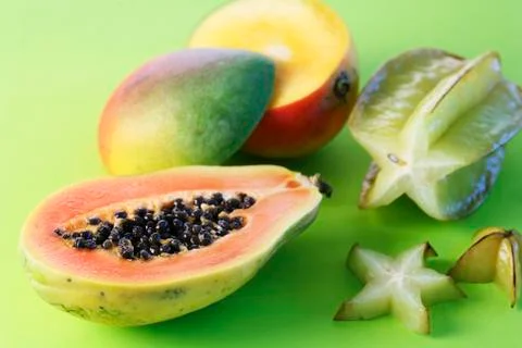 Papaya, mango and starfruit (to regulate the acid-base balance) Stock Photos