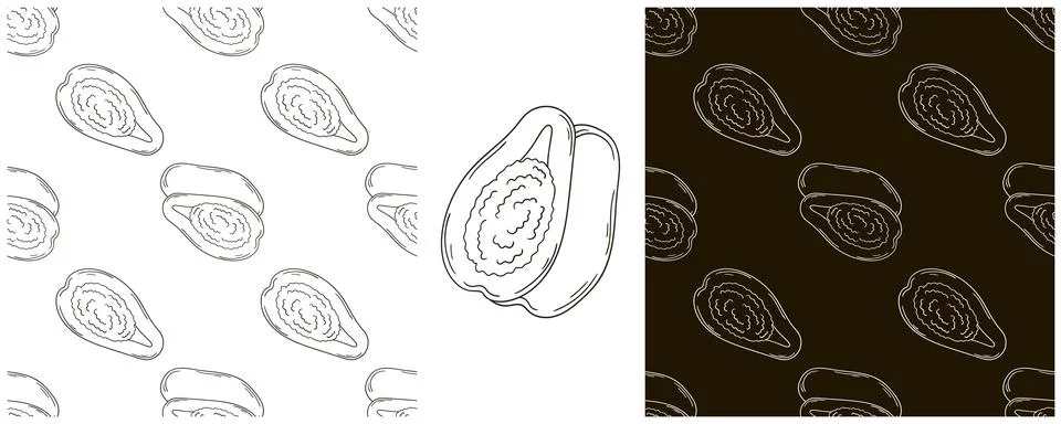 Papaya, melon tree. Seamless pattern for kitchen, restaurant or shop. Set in  Stock Illustration