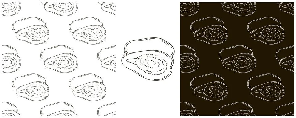 Papaya, melon tree. Seamless pattern with tropical fruits. Set in hand draw s Stock Illustration
