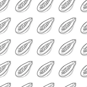 Papaya outline seamless pattern on white background. Stock Illustration