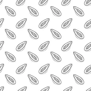 Papaya outline seamless pattern on white background. Stock Illustration