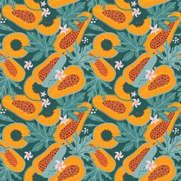 Papaya sliced seamless pattern. Sweet fruits, green leaves white flowers. Summer Stock Illustration