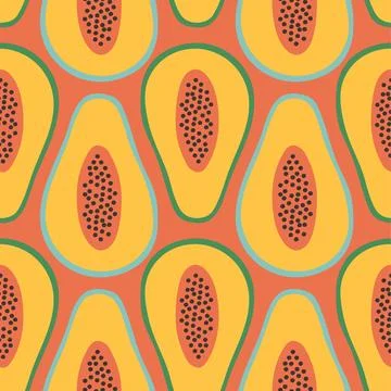 Papaya summer pattern on red background. Simple seamless pattern with papayas 스톡 일러스트