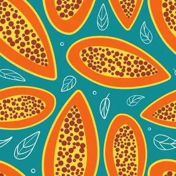 Papaya summer seamless pattern in minimalistic style. Tropical exotic fruits Stock Illustration
