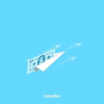 A paper airplane flies with a bill inserted into it, an isometric image Stock Illustration