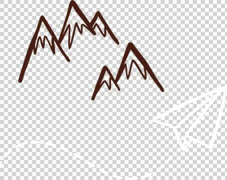 Paper airplane is flying along dashed path above brown peaks in line-art on Stock Illustration