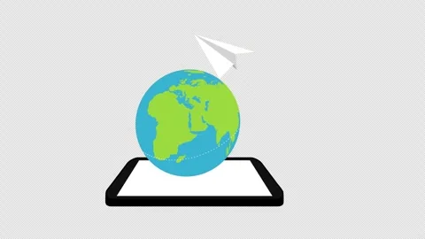 Paper Airplane Flying Around Globe on Tablet Representing Global Digital Stock Footage 339781633