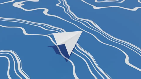 Paper Airplane Flying over Abstract Blue Background with White Wavy Lines Stock Footage 339634554