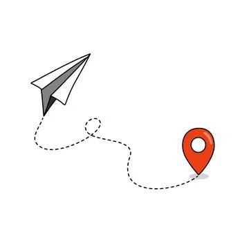 A paper airplane is flying over a map location icon and a pin is pointing to it. Stock Illustration