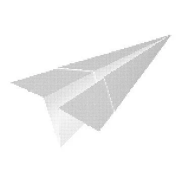 Paper airplane made of dots, halftone effect, isolated on white background. Illustrazione stock