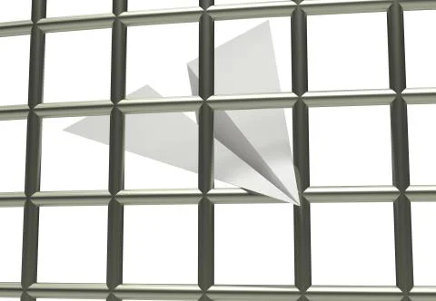 Paper airplane prison jail blocking 3d illustration isolated in white Stock Illustration