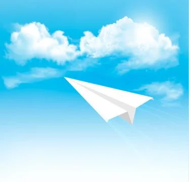 Paper airplane in the sky with clouds. vector. Stock Illustration