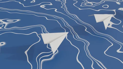 Paper Airplanes Flying in Line over Abstract Blue Background with White Wavy Stock Footage 339634558