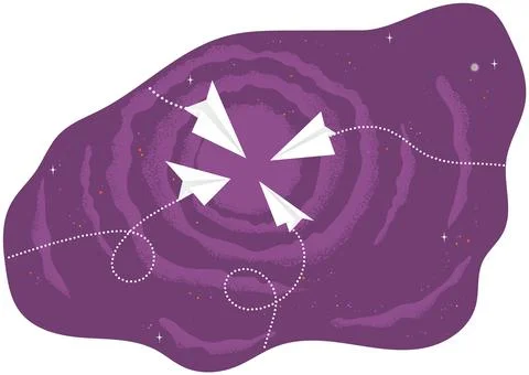 Paper airplanes launch to outer space on lilac background. Aircraft flies and Stock Illustration