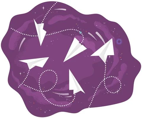Paper airplanes launch to outer space on lilac background. Aircraft flies and Stock Illustration