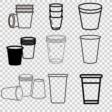 Paper and Plastic Disposable Cups Line Art Set - PNG Graphic Stock Illustration