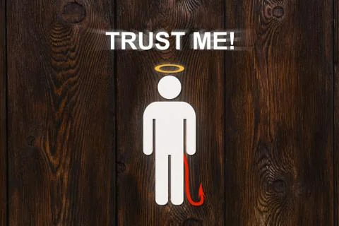 Paper angel with red tail of devil and text TRUST ME. Liar concept Stock Illustration