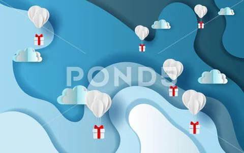 Paper art and craft of balloons gift on Abstract Curve shape blue sky backgro Stock Illustration