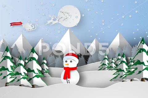 Paper art and craft of Merry Christmas with snowman concept,heart,snow ,lands Stock Illustration