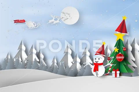 Paper art and craft of Merry Christmas with trees and snowman concept,snow ,l Stock Illustration