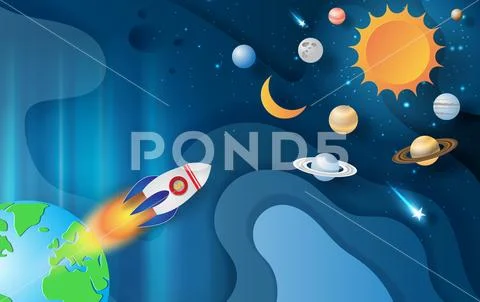 Paper art and craft of Rocket flying with Space galaxy on Abstract Curve shap Stock Illustration