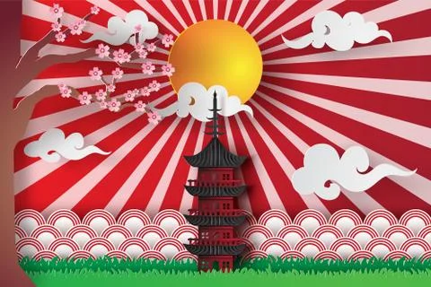 Paper art and craft of spring in  Asian temple with sakura tree and sunlight- Stock Illustration