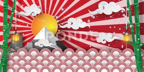 Paper art and craft of winter in Japan temple with clouds and sun background, Stock Illustration