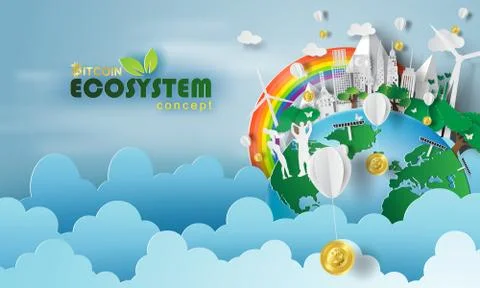 Paper art of bitcoin Ecosystem concept and earth with environment day.vector Stock Illustration
