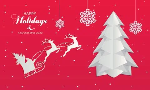 Paper Art Christmas tree. Vector white paper Christmas tree on red background Stock Illustration